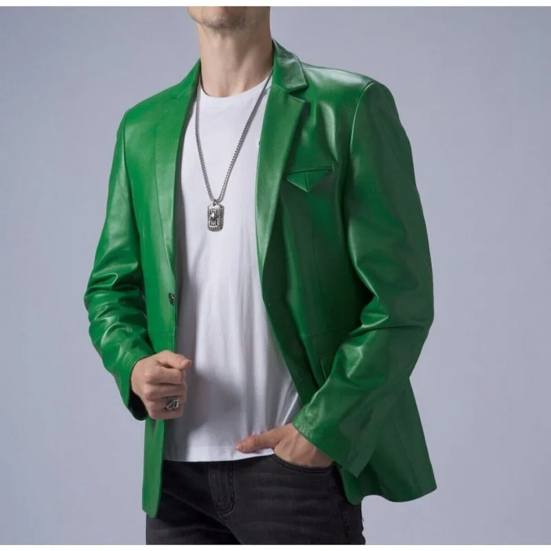 

Fashion Party Men's 100% Genuine Lambskin Green Button-Up Leather Blazer Outdoor