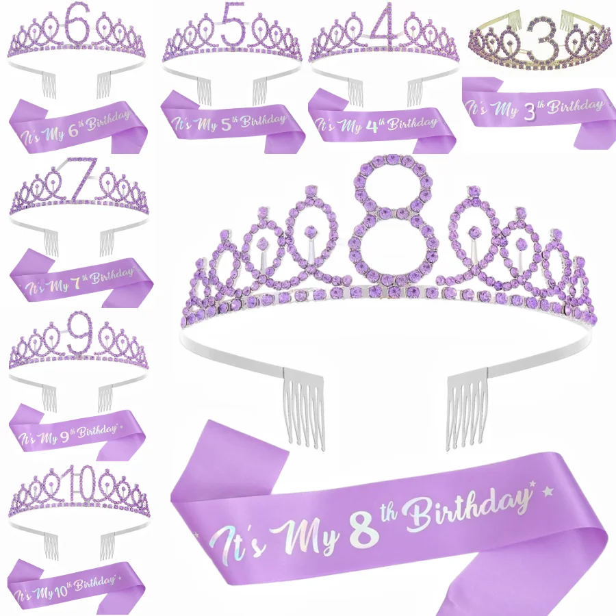 2pc/set Birthday Tiara Crown Sash Women Girls This Is My  3th 4th 5th 6th 7Th 8Th 9Th 10Th Birthday Party Decoration Favor Gifts