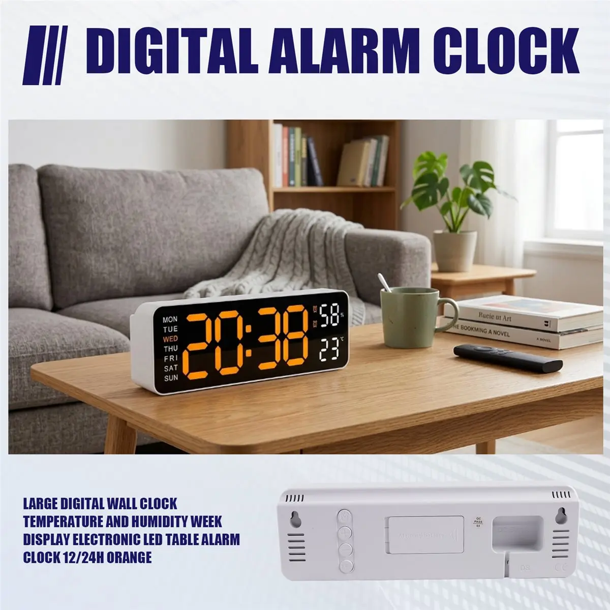 [Greatitem]Large Digital Wall Clock Temperature and Humidity Week Display Electronic LED Table Alarm Clock 12/24H Orange