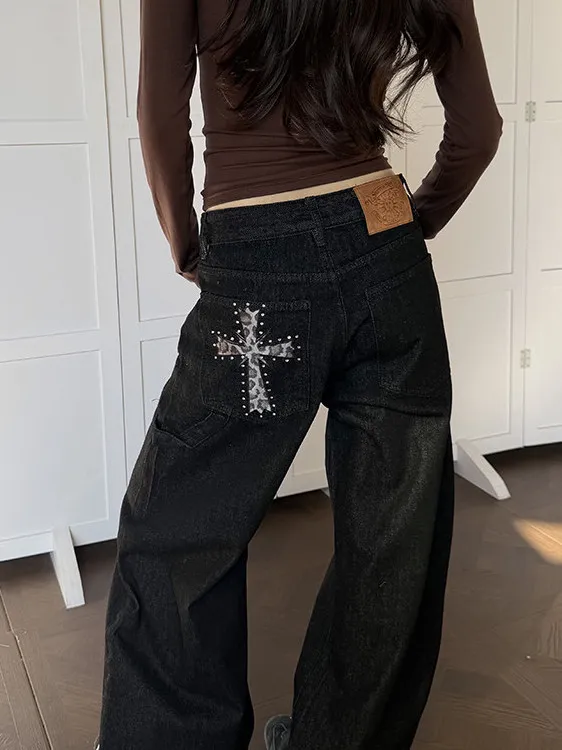 Calças Jeans Estilo Americano com Estampa de Leopardo e Detalhes em Diamante Cruzado para Homens e Mulheres, Novas Calças Cas...
