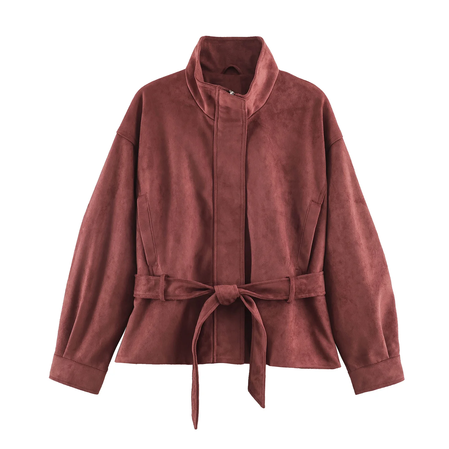 Women Vintage Belt Coat Elegant Commute Faux Suede Jacket Coat New 2026 Fall Winter Chic Street Style Stand-Collar Coat Pink Hot 2