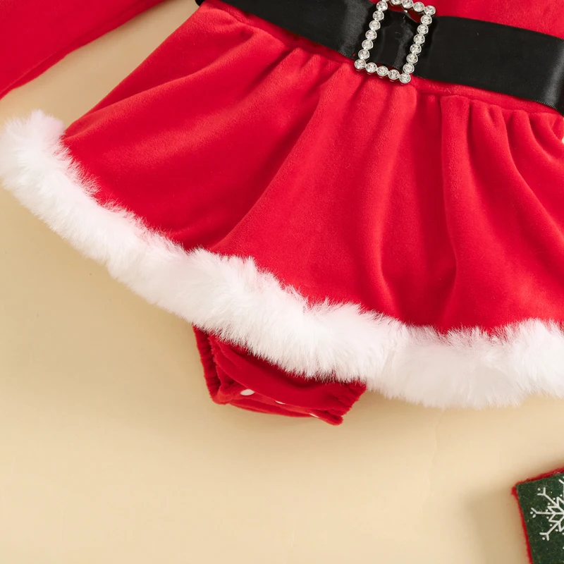 Baju monyet natal bayi balita perempuan, baju monyet lengan panjang leher O dengan ikat kepala untuk bayi baru lahir Hari Natal