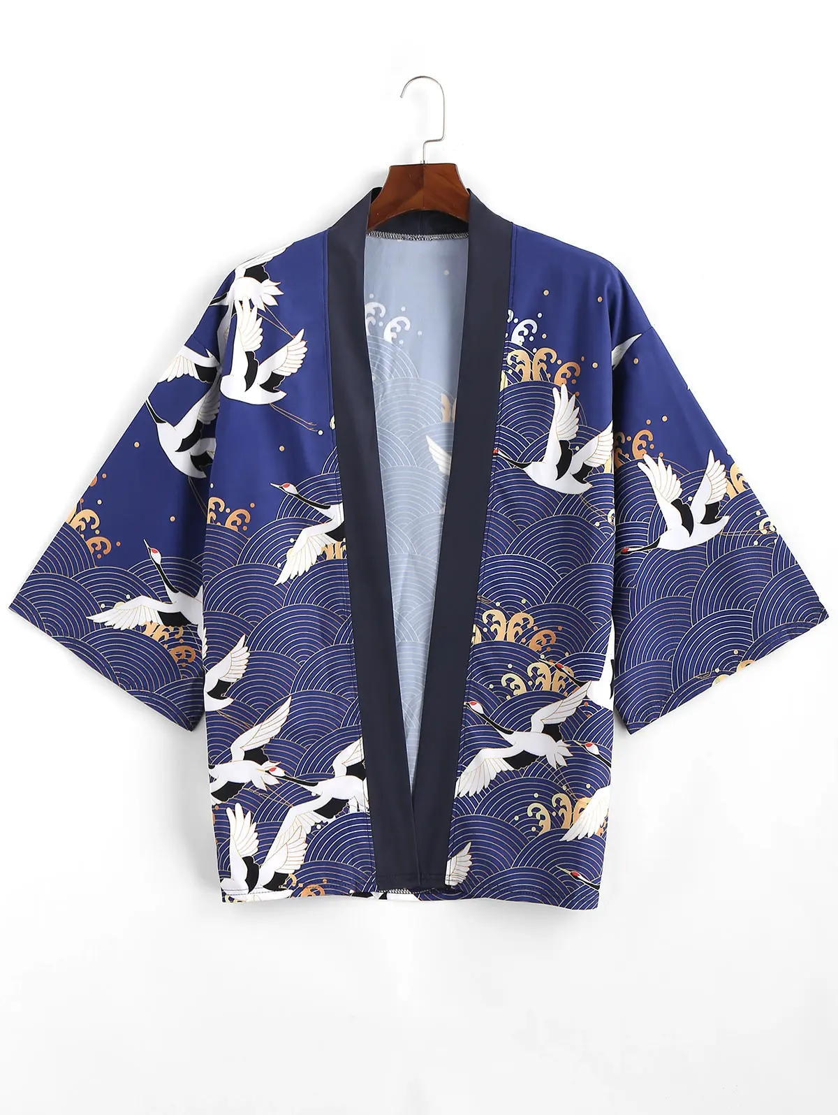 

ZAFUL Flying Crane Sea Waves Print Open Front Kimono Cardigan