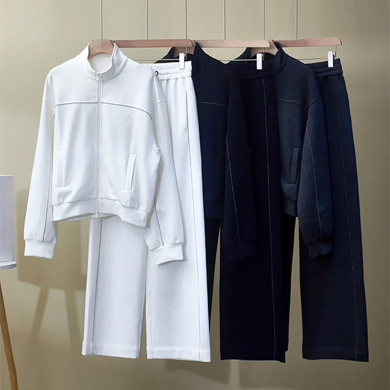 

Autumn and Winter New Sweat Two-Piece Set with Vertical Collar Zipper Jacket Cotton Casual Straight-Leg Wide-Leg Pants suit