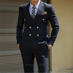 2024 Navy Blue Suits for Men Slim Fit Custom Double Breasted 2 Piece Wedding Groom Jacket Pants Tuxedos Formal Business Set