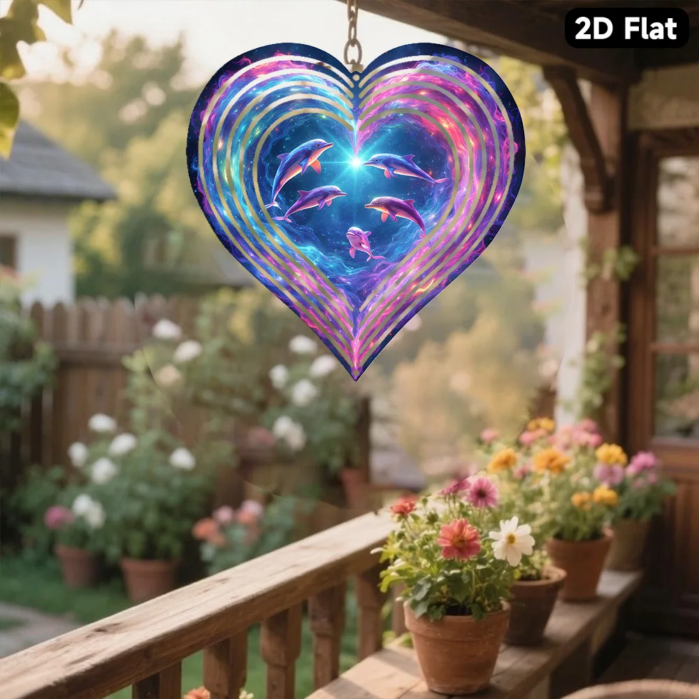 2D Flat, Single Piece Metal Wind Chime,Cosmic Dolphin Journey - Colorful Spinning Vortex with Joyful Dolphins And Starry Nebulas