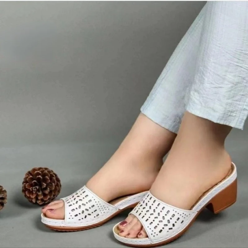 Gladiator Women Slippers Hollow Out Shoes for Women Mid Heels Sandals Women Summer Casual Peep Toe Ladies Shoes Zapatos Mujer