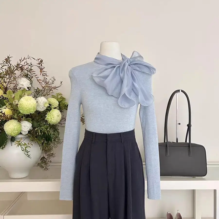

Ele Long Sve Knitted Sweater with Bow Design Inner Wear Korean Sle Loose Fit Polyester Fiber Winter Season Faion