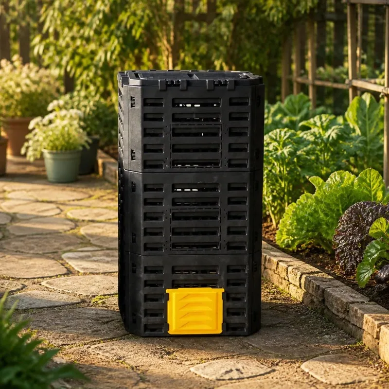 Stackable Outdoor Compost Bin, Large Opening with Front Door & Hinged Lid, Aerated Ventilated Composter for Garden Kitchen Waste