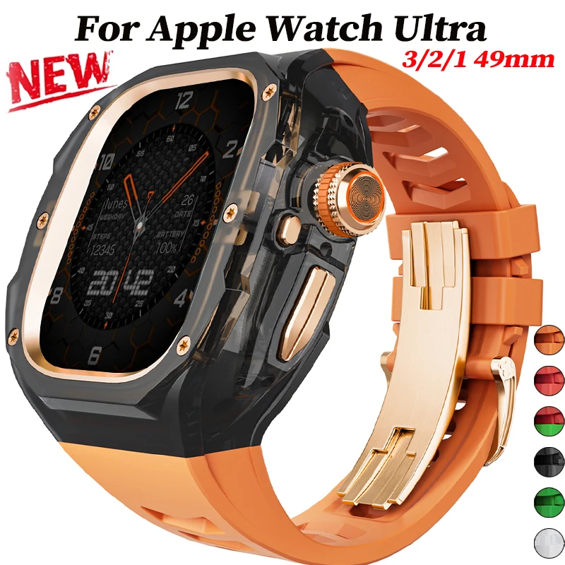 

Luxury Transparent Case for Apple Watch Ultra 3 49mm Mod Kit Stainless Steel Buckle Band for iWatch Ultra 2 1 49MM Modification