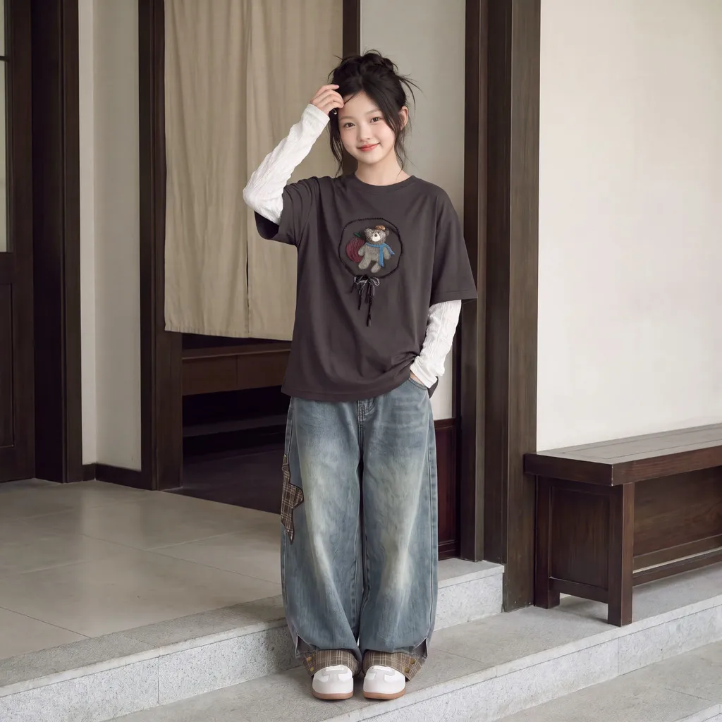 Children Clothes Suit Autumn Girls Long Sleeve T‑Shirt and Wide Leg Jeans Cute Bear Plaid Star Patch