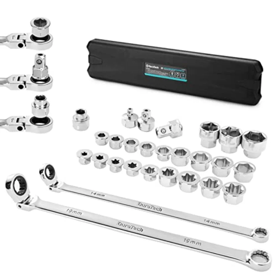 

27PCS Extra Long Flex Head Ratcheting Wrench Set 8-22mm Double Box End Ratchet Wrench Set with E-type 8-22mm Replacement Heads