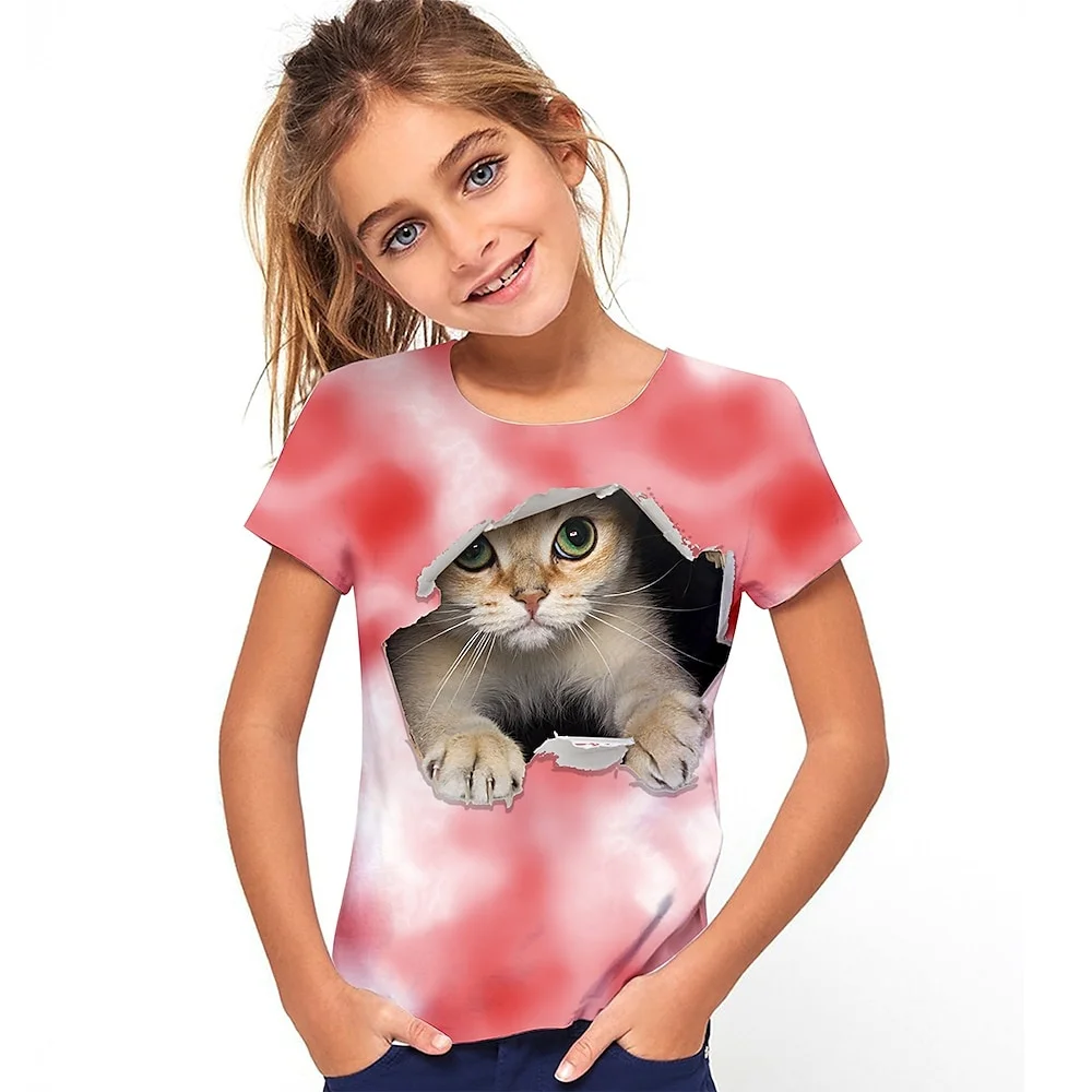 Camiseta con estampado 3d de gato para niñas, camisetas con bonitos viñetas de animales para niñas, camiseta de regalo para niños, Top informal de manga corta, ropa para niños 2025