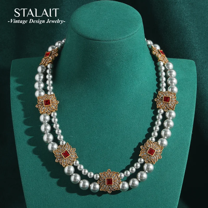 

Массивные многослойные ожерелья с жемчугом, винтажные квадратные красные цветы, античное золото, женские роскошные дизайнерские ювелирные изделия, высокое качество 2025