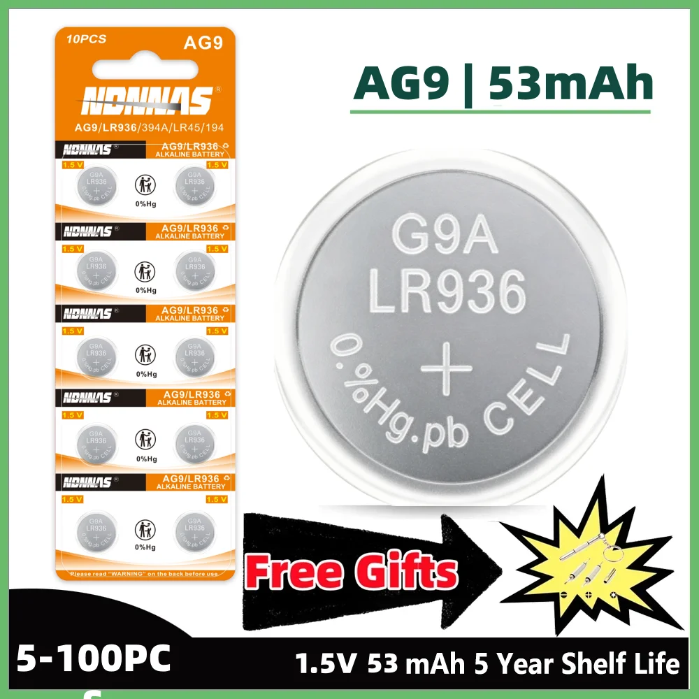 5-100Pcs AG9 LR45 SR936SW 53mAh 1.5V Alkaline Coin Cell Battery For Watch Car Key Fob Remote Clock Mini Electronic Device