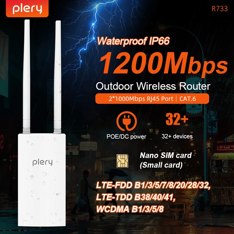 

Plery WIFI5 1200Mbps Lte Router 4G wifi Router 5 g sim 2*1000M LAN/WAN Ports 4 Antennas 24V POE/12V DC Power 2.4+5.8G Outdoor AP