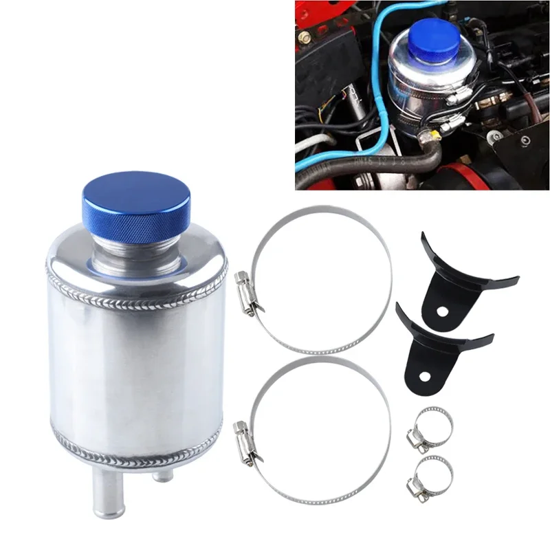 Silver Fuel Cell Surge  Power Steering Tank Oil Catch Can Tank Racing Power Steering Fluid Reservoir Tank Clamps