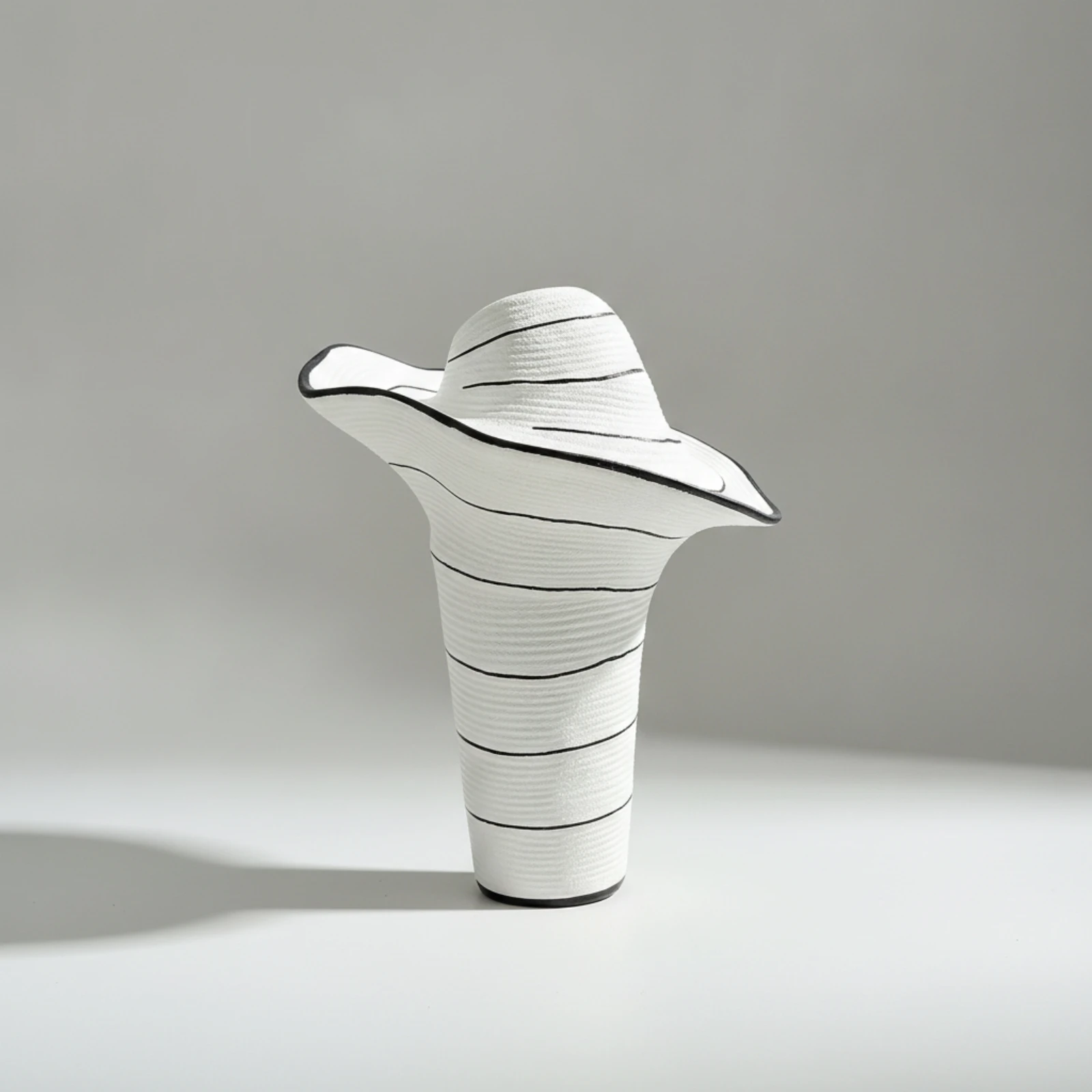 Hat-Shaped Vase Eye-Catching Vase with Black Stripe Flower Holder Textured Sculptural for Tabletop, Living Room