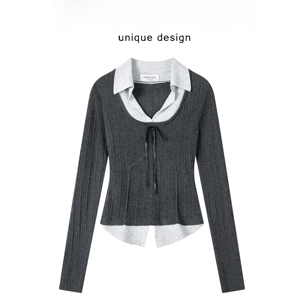 Csa de Malha Vintage em Cinza Escuro com Estampa Xadrez, Ajuste Slim, Estilo de Duas Peças Falsas, Crimento Curto, Deco...