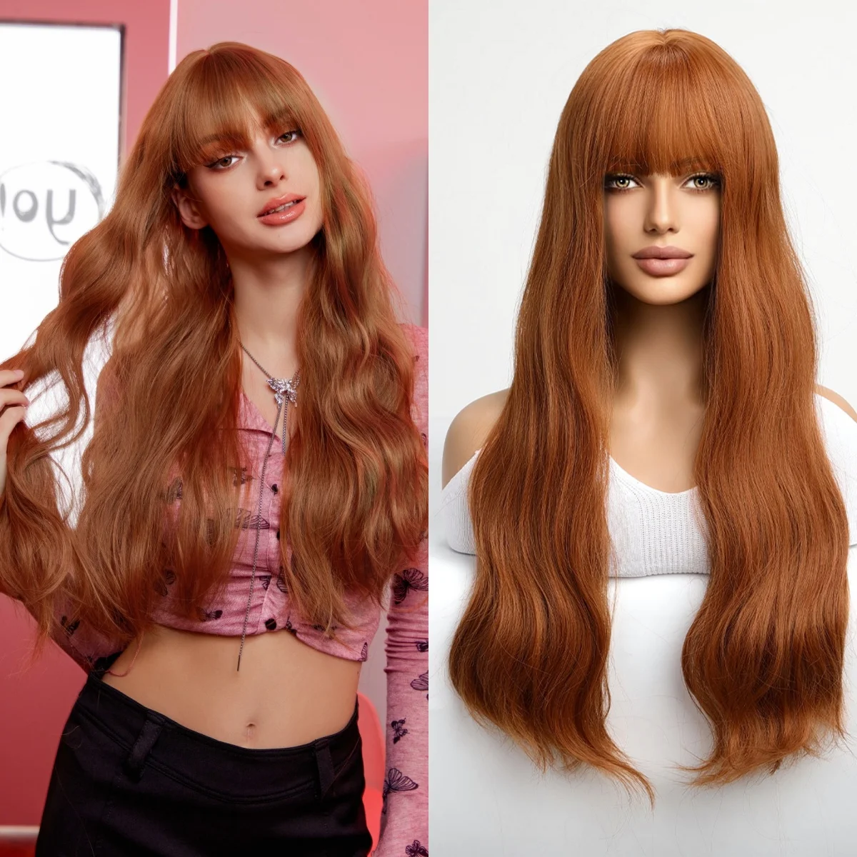Peluca Larga Ondulada Color Castaño Claro con Flequillo para Mujer, Cabello Sintético Resistente al Calor, para Uso Diario