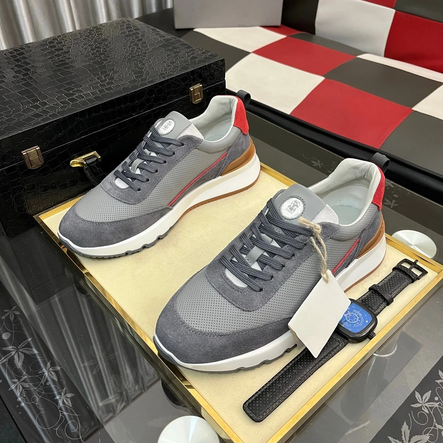 Luxe merk herenschoenen Handgemaakte casual sneakers Jacquard nylon stof met suède wandelschoenen, fietsschoenen, hardloopschoenen, vakantiegeschenken