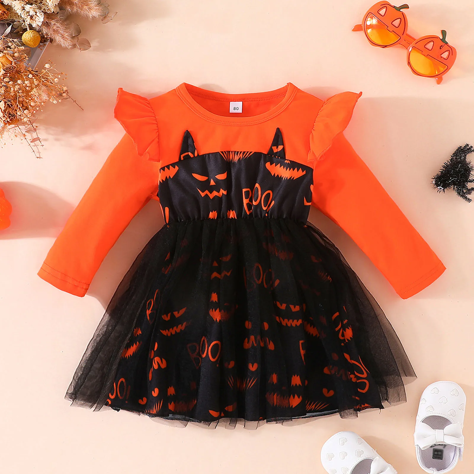 Toddler Baby Girls Halloween Clothes Long Sleeve Mesh Tulle Princess Dress Cartoon Prints Halloween Girls Dress 1 2 3 4 5 Years