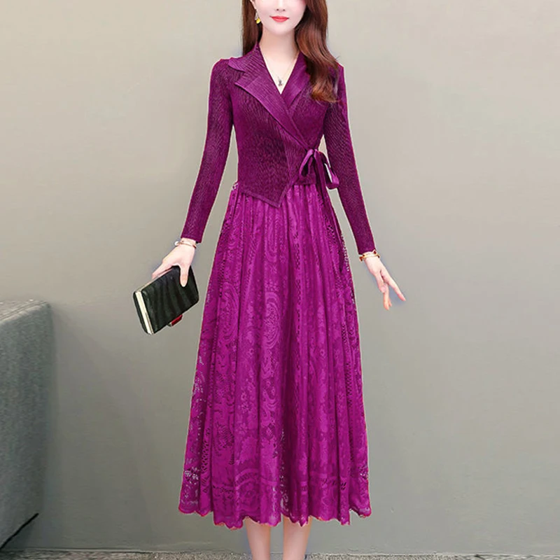 

Spring Autumn Women's Elegant Fashion Lace Patchwork Lace Up Dress Female Solid Color Temperament Irregular Pleated A-line Robe