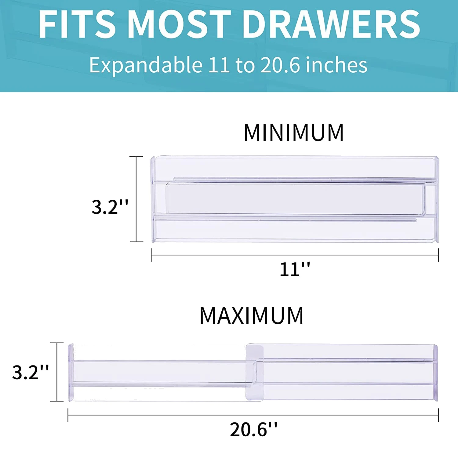 Drawer Dividers 8 Pack, Adjustable 3.2 Inch High Expandable From 11-20.6 Inch Kitchen Drawer Organizer, Clear Plastic