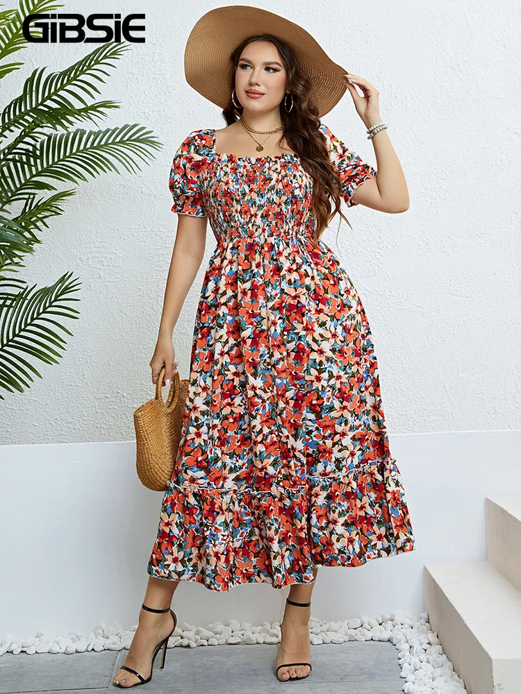 GIBSIE Floral Print Square Neck Puff Sleeve Dress Women Plus Size Vacation Boho Beach Ruffle Hem A-line Summer Long Dresses 2024