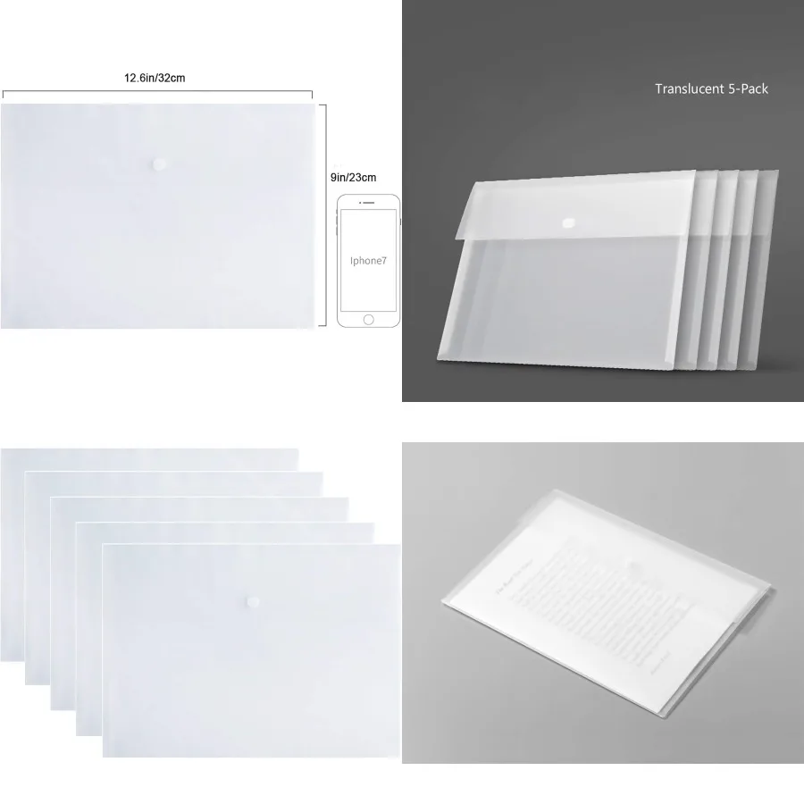 

Translucent A4 Size Poly File Folder Pockets with Snap Button Closure for Organizing Flat Documents and Letters Ideal for Offic