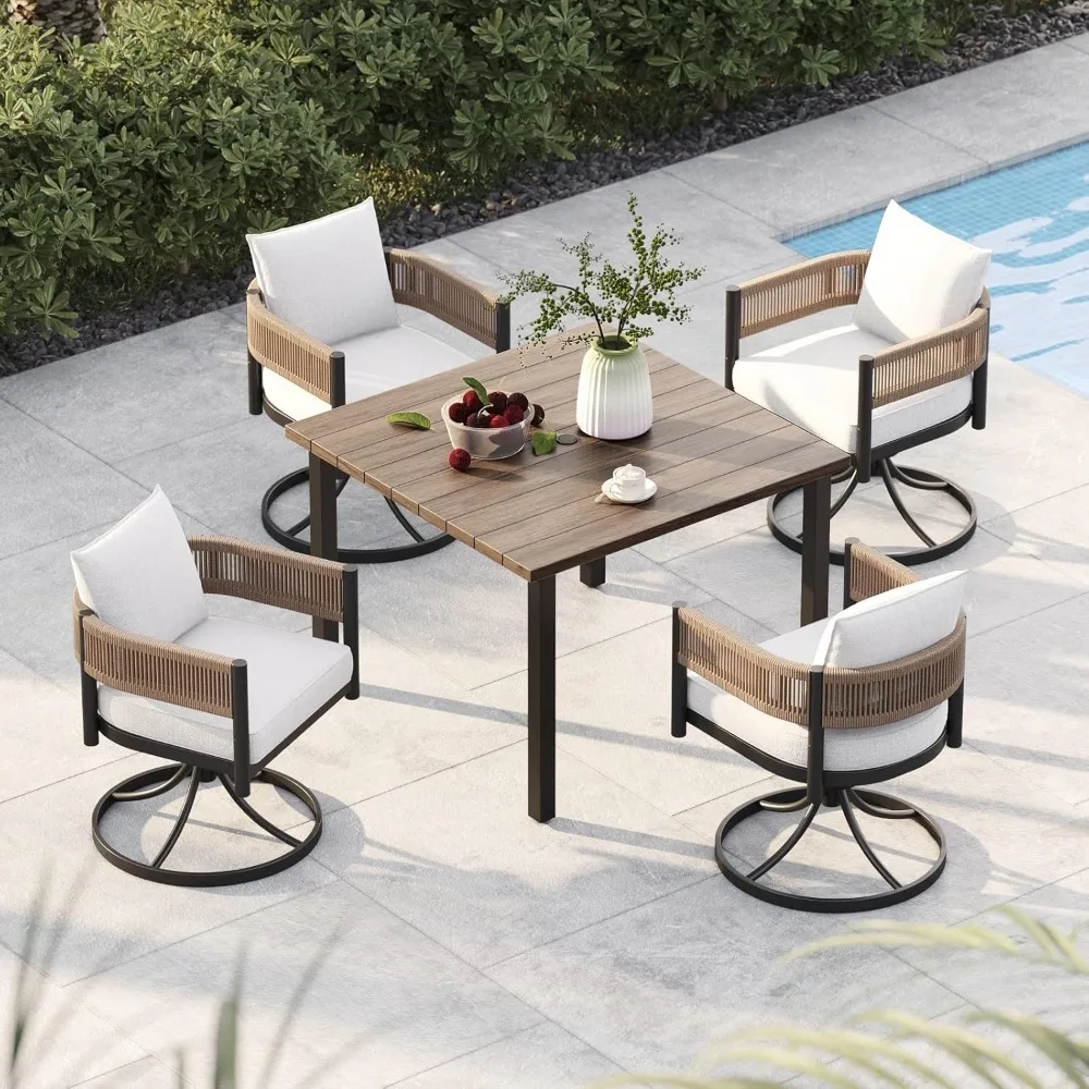 

5-Piece Outdoor Dining Set for 4, Metal Woven Wicker Swivel Patio Chairs with Thickened Cushions & 1 Square Woodgrain Dining Ta