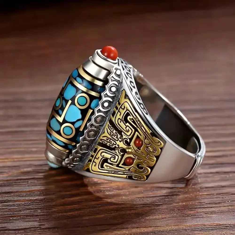 Adjustable Size Nine Turns Dzi Ring Six-character Mantra Vintage Ethnic Style Ring Tibetan Open Luck Rotatable Finger Ring