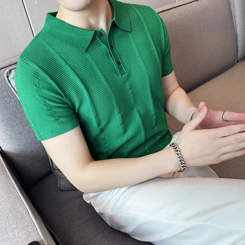 

2023 Summer New Casual Fashion Striped Knitted T-shirt High Elastic Breathable Lapel Men's T-shirt