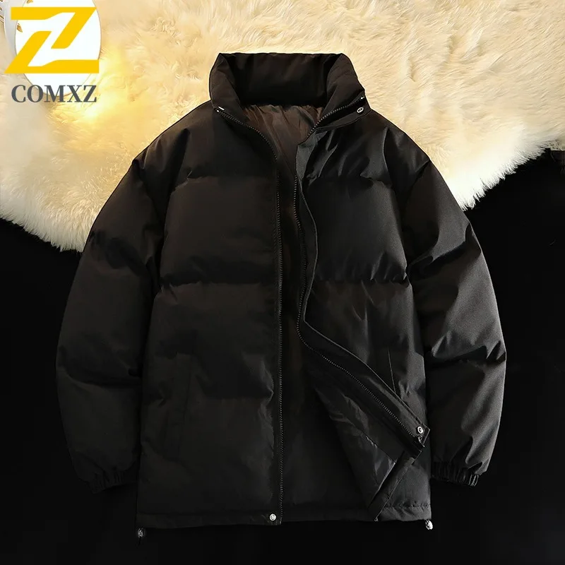 COMXZ 2025 Mens M8-XL Thickened Fleece Stand Collar Puffer Jacket Winter American Style Solid Color Casual Outdoor Sports Coat