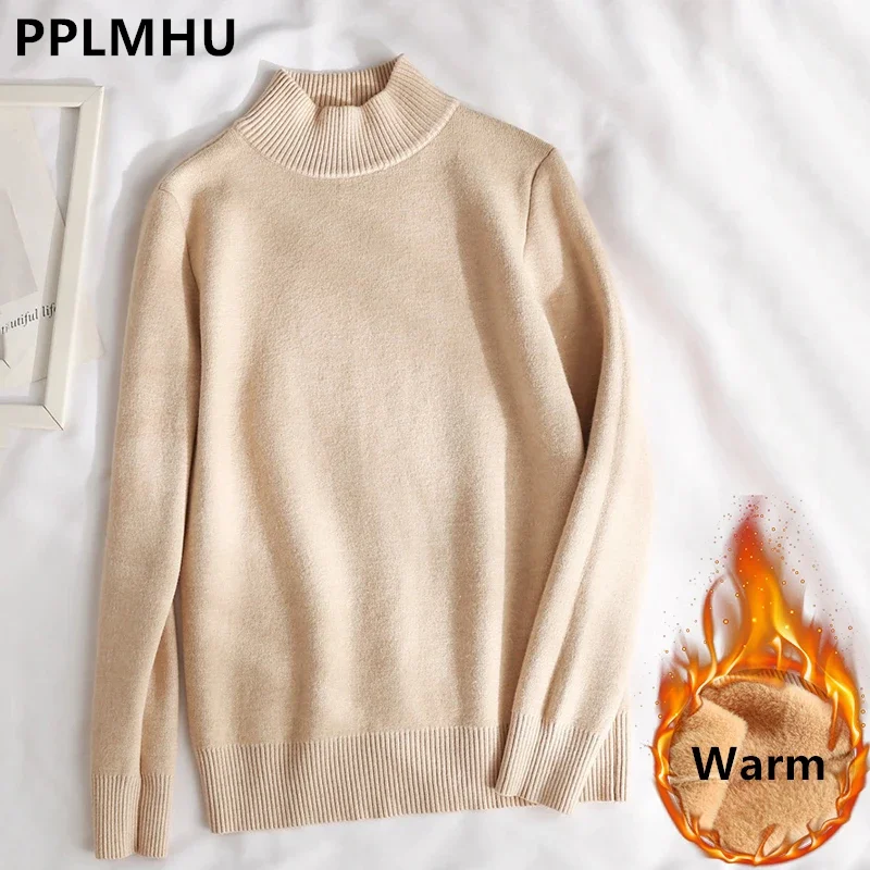 Half Turtleneck Sweater Women\'s Winter Warm Knit Pullover Casual Slim Poleras Thick Plush Lined Knitwear Jumper Long Sleeve Tops