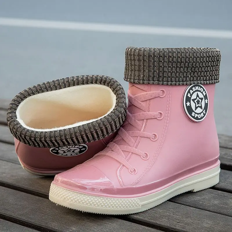 Novo designer meados de bezerro botas de chuva verde das mulheres à prova dwaterproof água sapatos para dia chuvoso senhoras rosa pele borracha