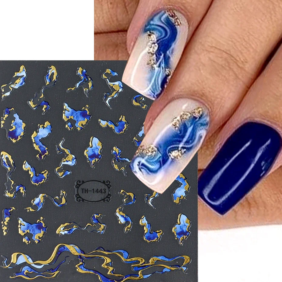 Adesivi per unghie Viola Blu Marrone Inchiostro Design Decalcomanie Decorazioni dorate Arte Gel olografico autoadesivo Cursore Forniture per manicure