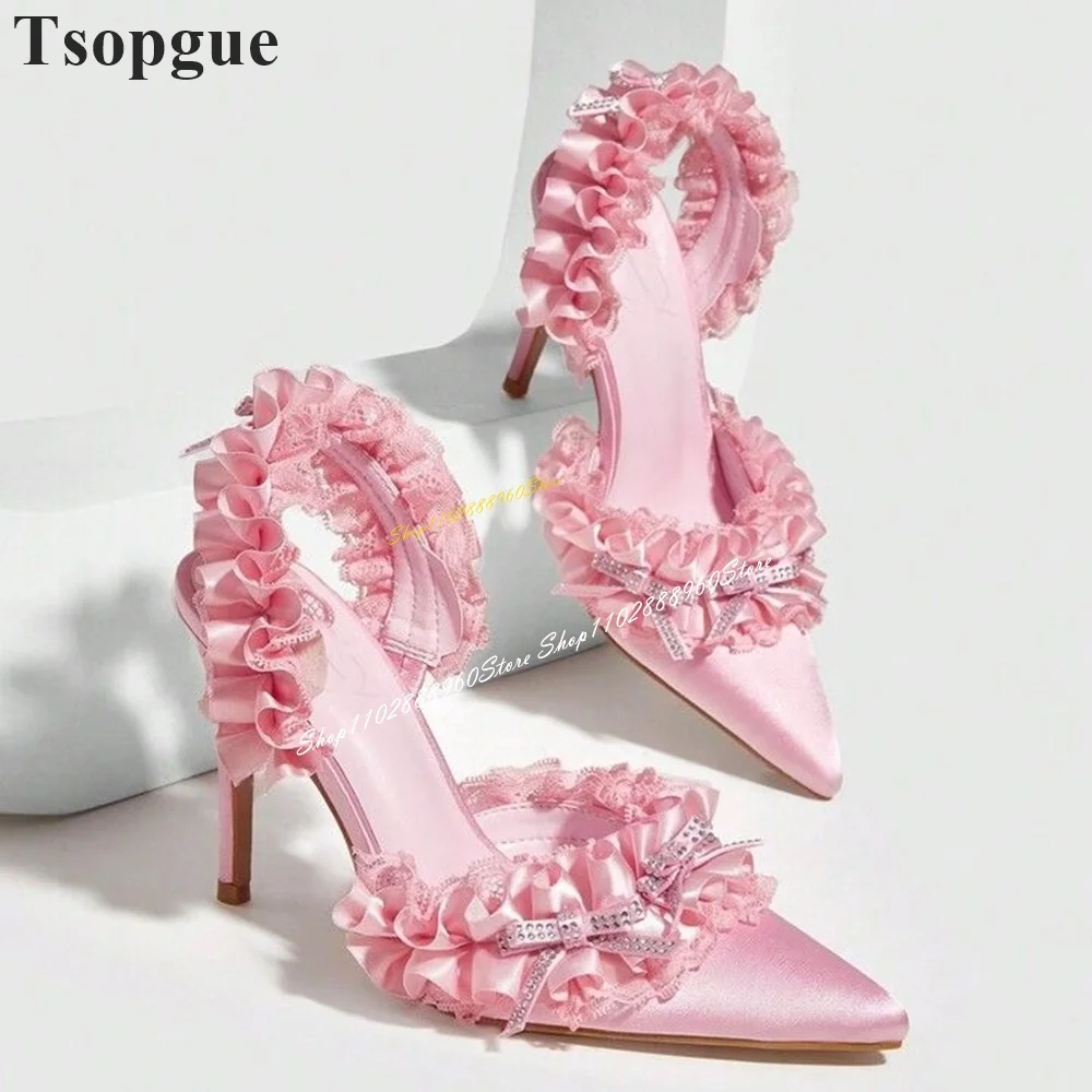 Slingback Pink Lace Decoration Silk Sandals Thin High Heel Women Shoes Back Strap Pointed Toe 2024 Fashion Zapatos Para Mujere