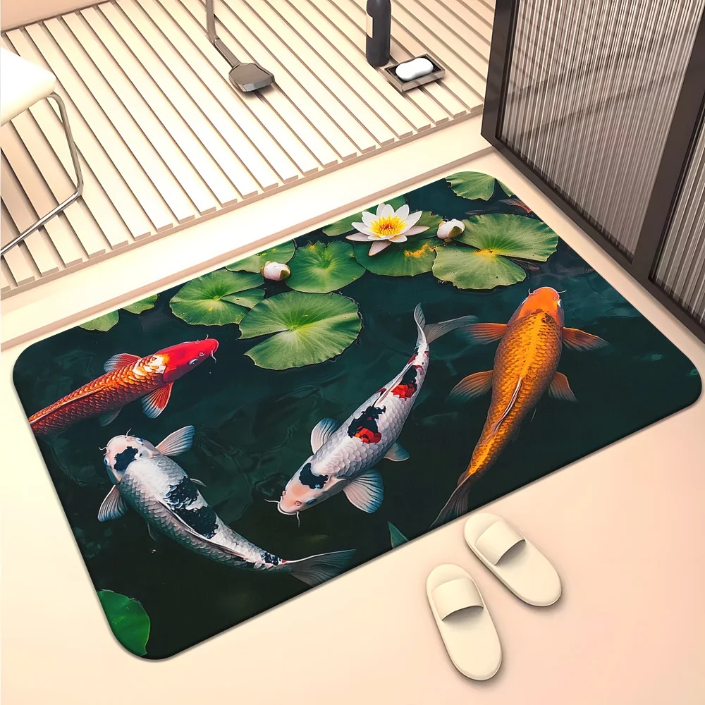 1pc, Traditional Japanese Koi Fish and Lotus Flower Design Door Mat, Non-Slip Microfiber Absorbent Rug, Machine Washable Polye