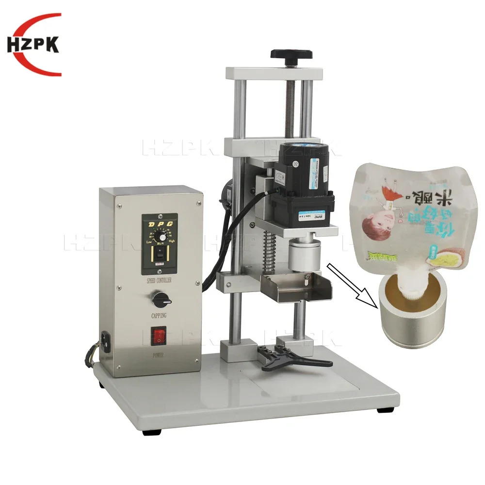 

semi automatic desktop plastic stand up pouch with spout cap press sealing tightening twist off capping machine