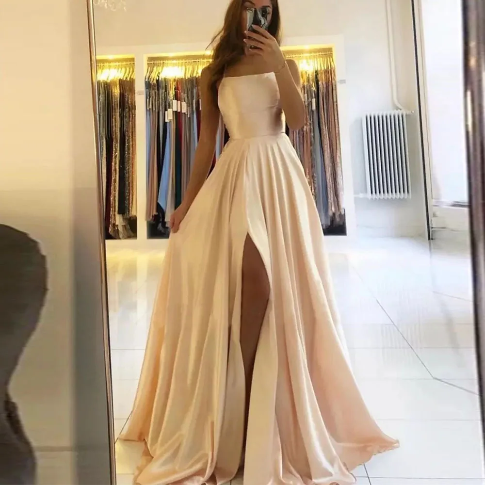 

Solid Color Simple Prom Gown for Women Spaghetti Strap Backless Side High Slit Draped Party Evening Dresses فساتين مناسبة رسمية