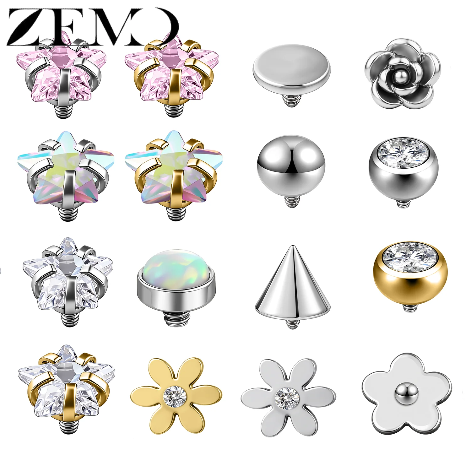 ZEMO 1 Pieza, Top de Acero Inoxidable para Anclaje Dérmico, con Cristal CZ, para Hombres y Mujeres, Accesorio para Piercing Microdermal, Flor, para Oreja y Labio