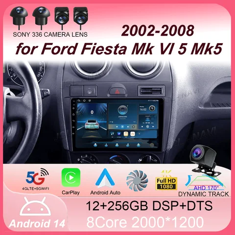 Ford Fiesta Mk VI 5 Mk5 2002-2008 용 Android 14 차량용 라디오 멀티미디어 GPS 2 Din DVD Carplay 네비게이션 플레이어 스테레오 2K QLED 4G