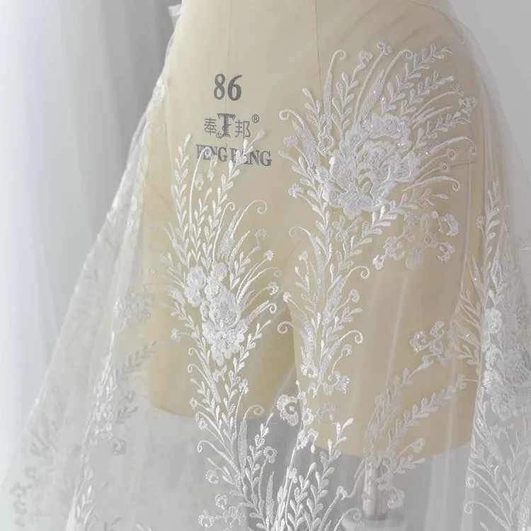 

Deep Champagne Color Luxury Embroidery Cotton Sequin Lace Fabric Fabric For Wedding Dress Diy Decoration 130CM Wide L183