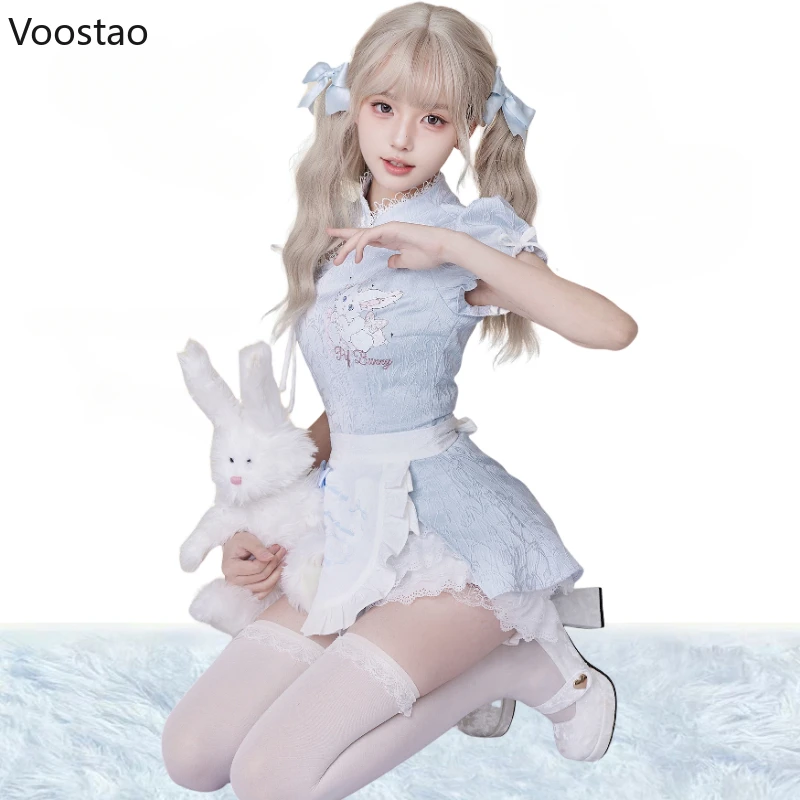 New Chinese Style Vintage Lolita Mini Dress Sets Women Elegant Cute Cartoon Print Apron Mini Dresses Female Y2k Cheongsam Dress