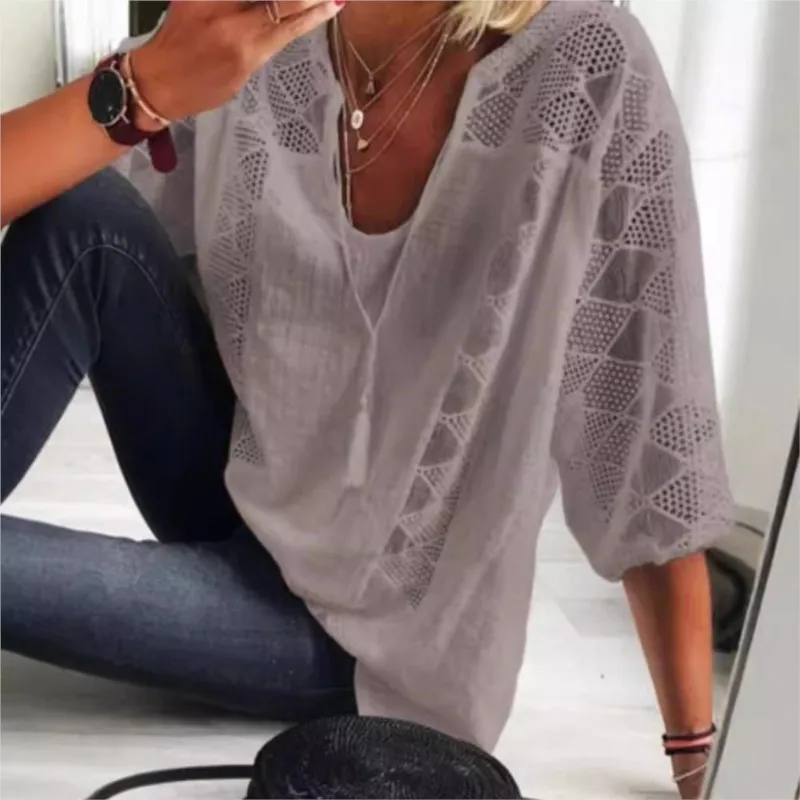 Elegant U-neck 7-quarter Sleeve Top For Women Spring Summer Fashion Solid Color Lace Hollow Splicing Shirt T-shirt Female