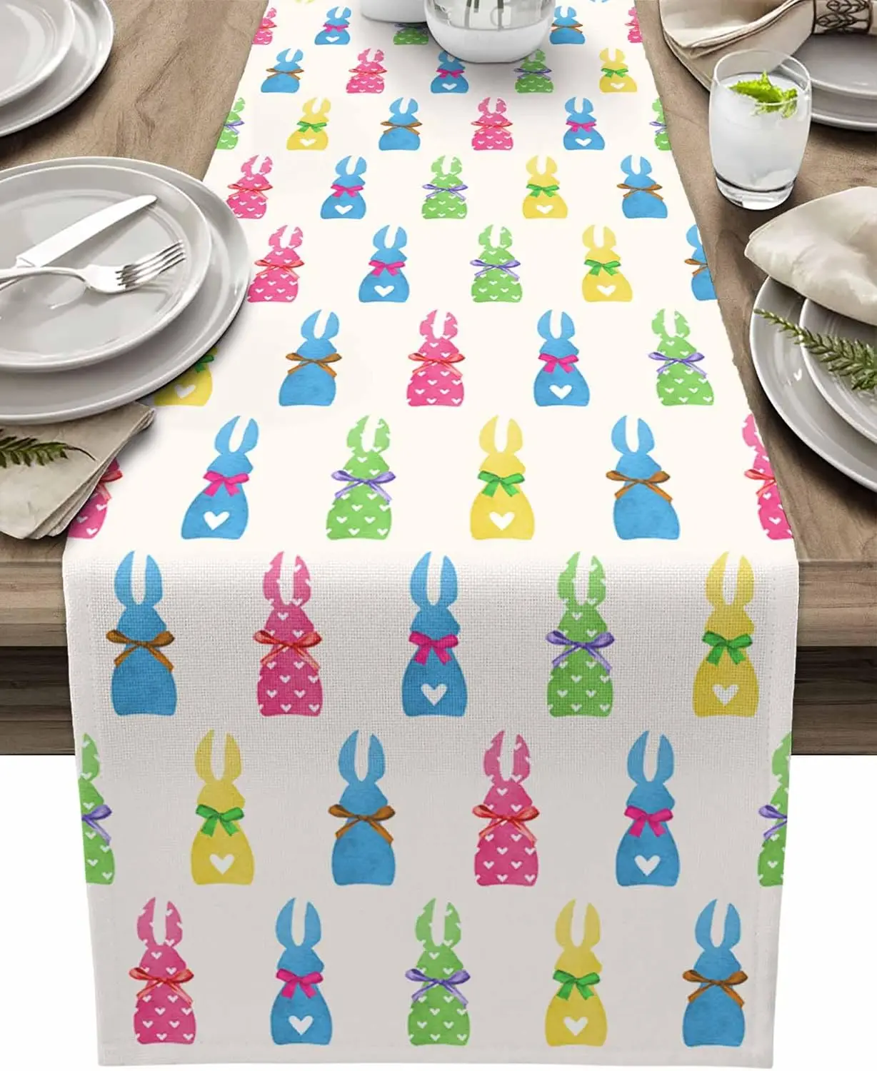 Easter Colorful Bunny Rabbit Bow Tie Spot Linen Table Runner Party Decor Spring Kitchen Dining Table Runner Easter Decorations