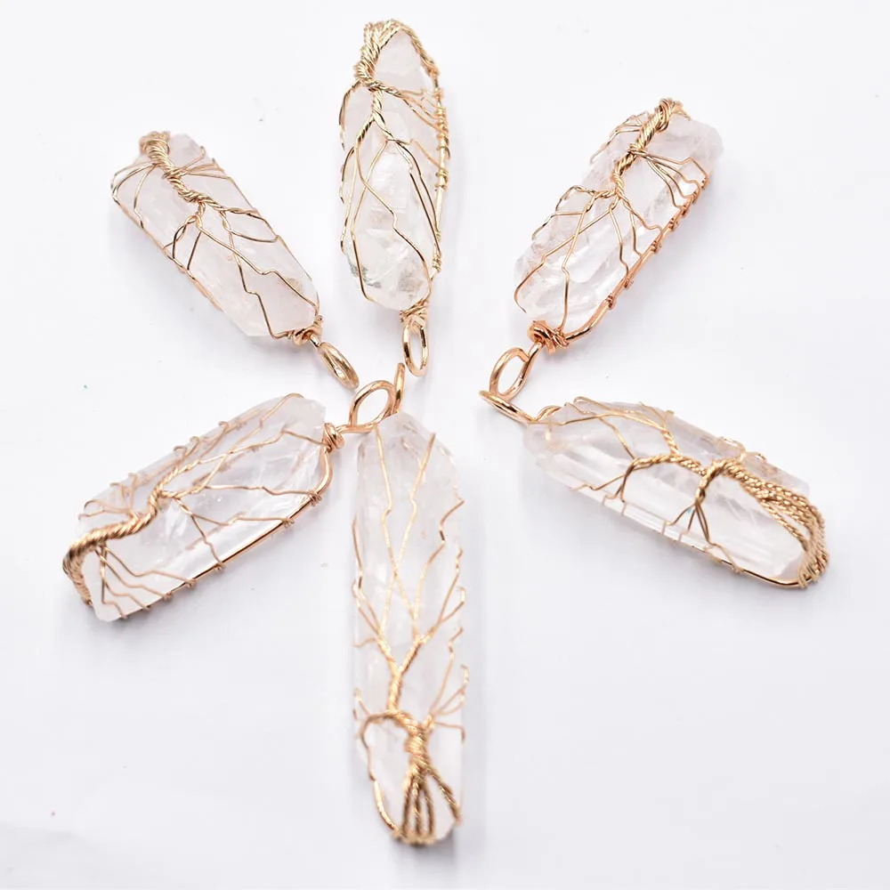 Natural White Crystal Pillar Pendants Handmade gold color Wire Wrapped Tree of Life Wholesale 6Pcs/Lot for Necklace Jewelry