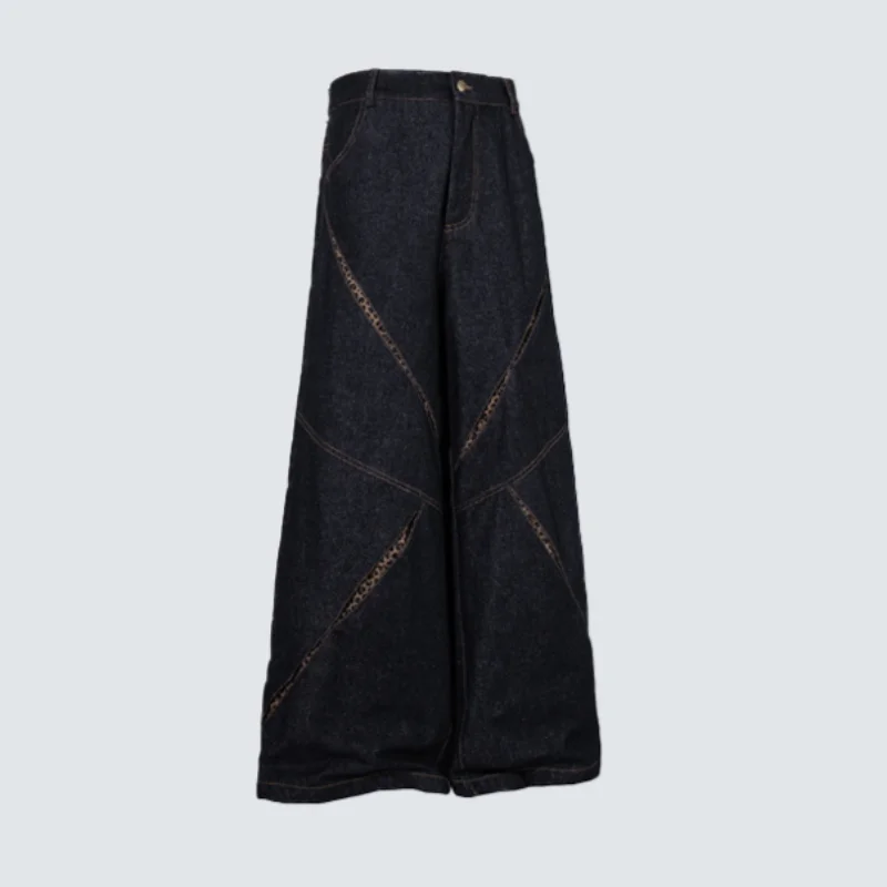 MWJLPWQ American-Style Deconstructed Leopard-Print Patchwork Jeans Unisex High-Street Split Design Loose Wide-Leg Trousers 21427