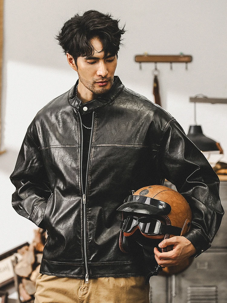 الأمريكية الرجعية الوزن الثقيل دراجة نارية جلدية Jaet الرجال فضفاض الخريف العصرية العلامة التجارية Merald Haome العمل الجلود Jaet الرجال